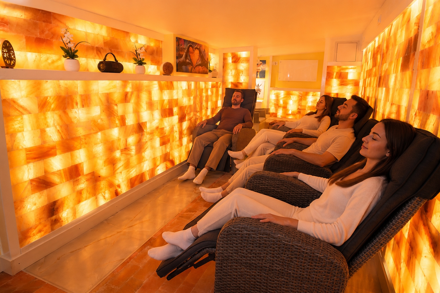Adulți relaxându-se în fotolii reclinabile în salina Forest Retreat din Bușteni, într-o ședință de haloterapie