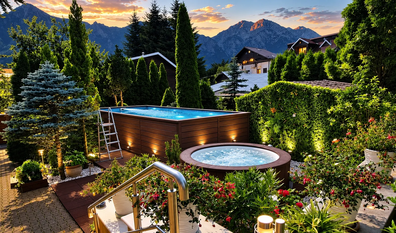 Piscină exterioară încălzită și jacuzzi în aer liber, Forest Retreat, Bușteni, apus peste Munții Bucegi