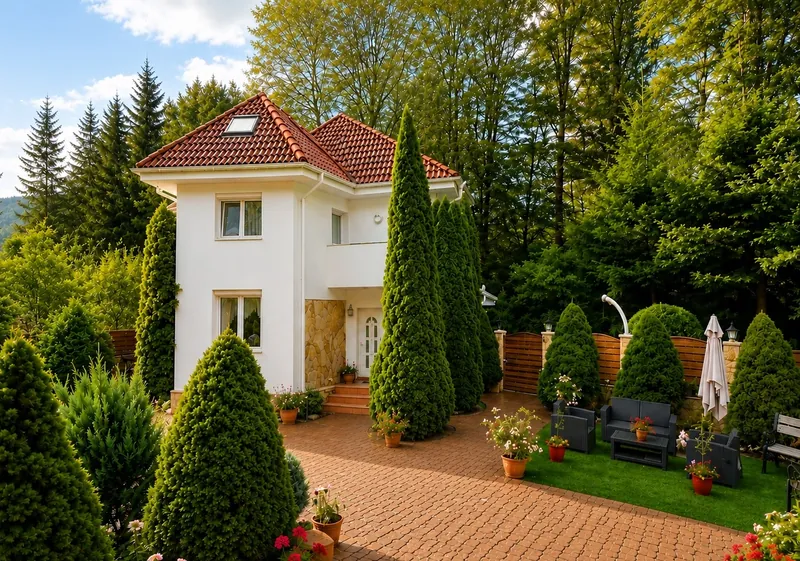 Vila ELENA, exterior, grădină cu tuia, Forest Retreat Bușteni