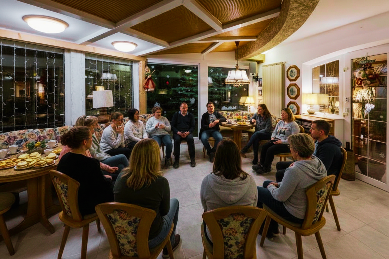 Un gruppo durante una sessione di lavoro nel giardino d’inverno di Forest Retreat Luxury Villas, Bușteni