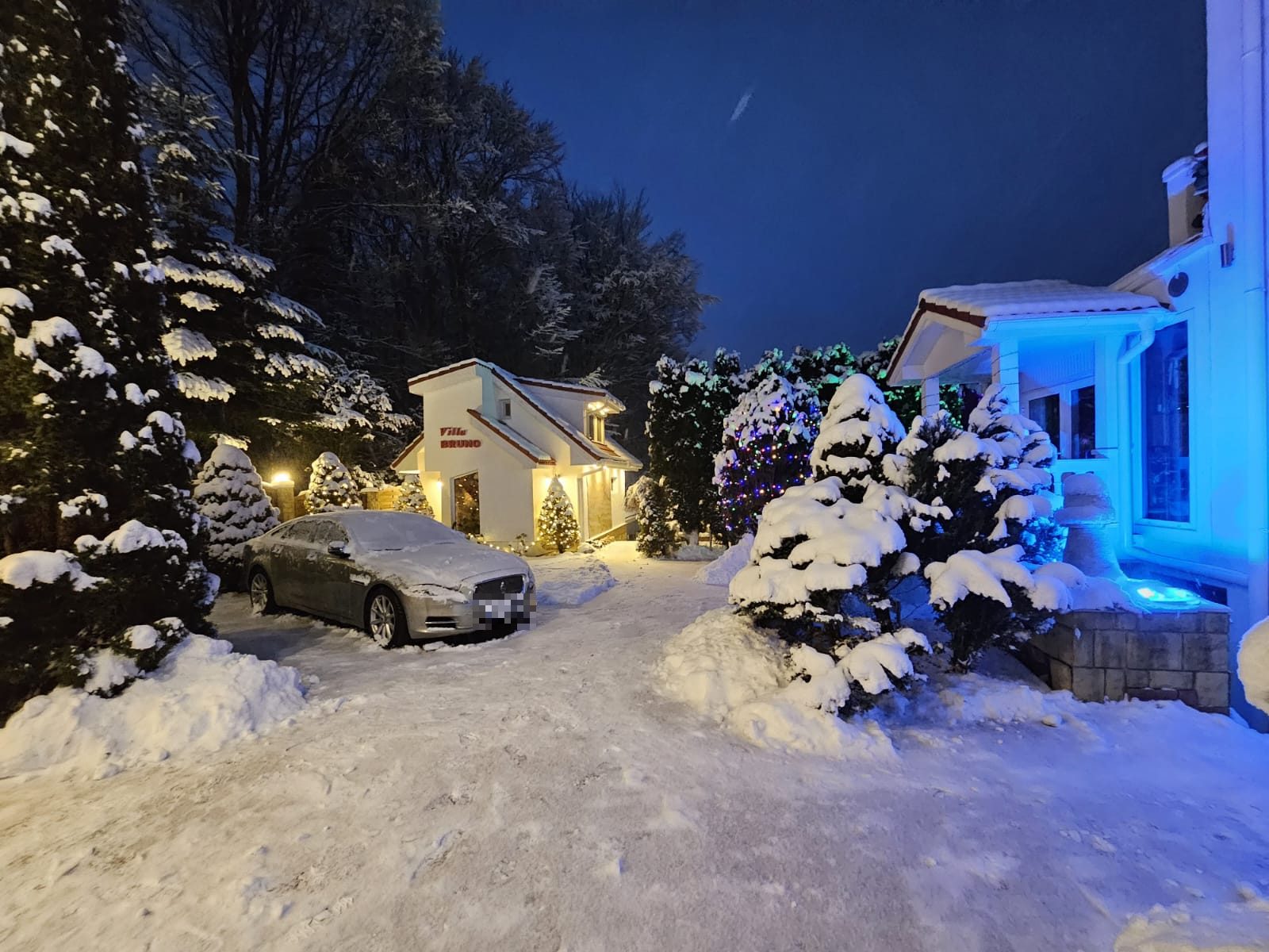 Vila BRUNO noaptea, iarna, cu brazi înzăpeziți și luminițe de sărbători, Forest Retreat Villas, Bușteni